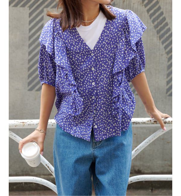 OUTDOOR PRODUCTS Usual Things「フラワープリント五分袖フリルブラウス」|シャツ・ブラウス|
