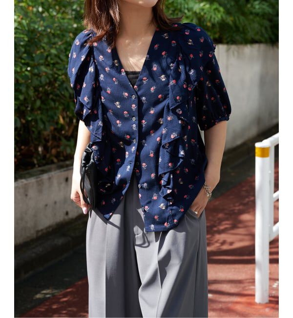 OUTDOOR PRODUCTS Usual Things「フラワープリント五分袖フリルブラウス」|シャツ・ブラウス|