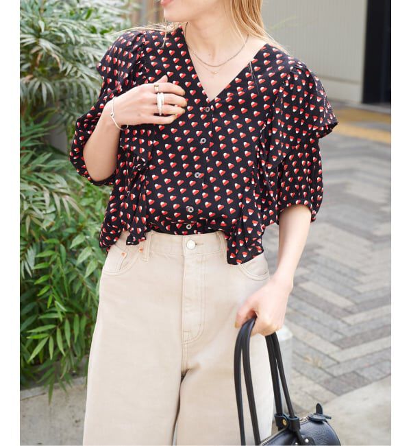 OUTDOOR PRODUCTS Usual Things「フラワープリント五分袖フリルブラウス」|シャツ・ブラウス|