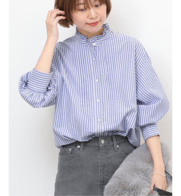 JOURNAL STANDARD relume「《WEB限定追加予約》フリルネックドビーストライプシャツ」|シャツ・ブラウス|ブルー