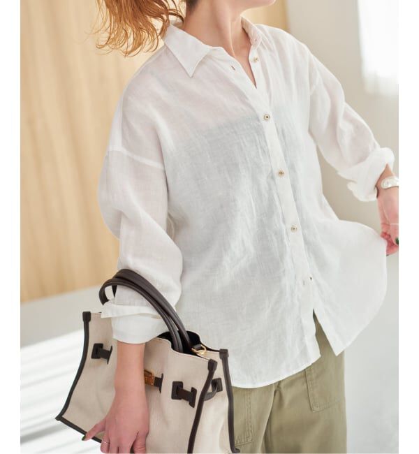 Spick and Span「《程よくすっきりサイズ》予約 80リネンカシュクール ミディシャツ」|シャツ・ブラウス|