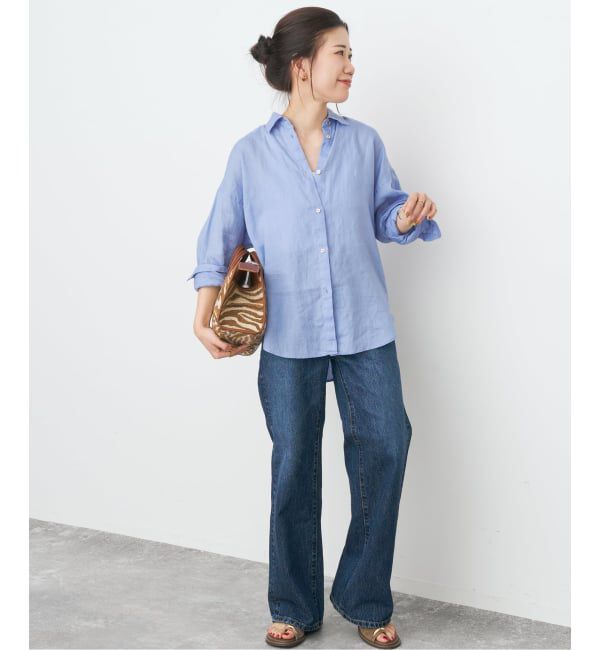 Spick and Span「《程よくすっきりサイズ》予約 80リネンカシュクール ミディシャツ」|シャツ・ブラウス|