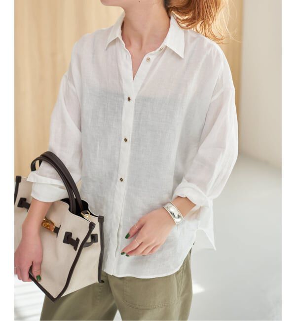 Spick and Span「《程よくすっきりサイズ》予約 80リネンカシュクール ミディシャツ」|シャツ・ブラウス|
