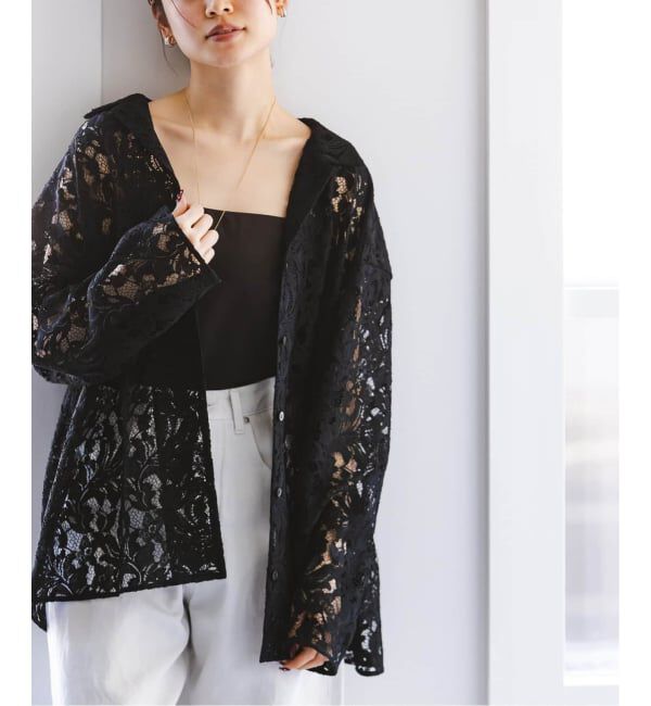 NOBLE「《追加予約》ボタニカルレースオープンカラーシャツ」|シャツ・ブラウス|ブラック