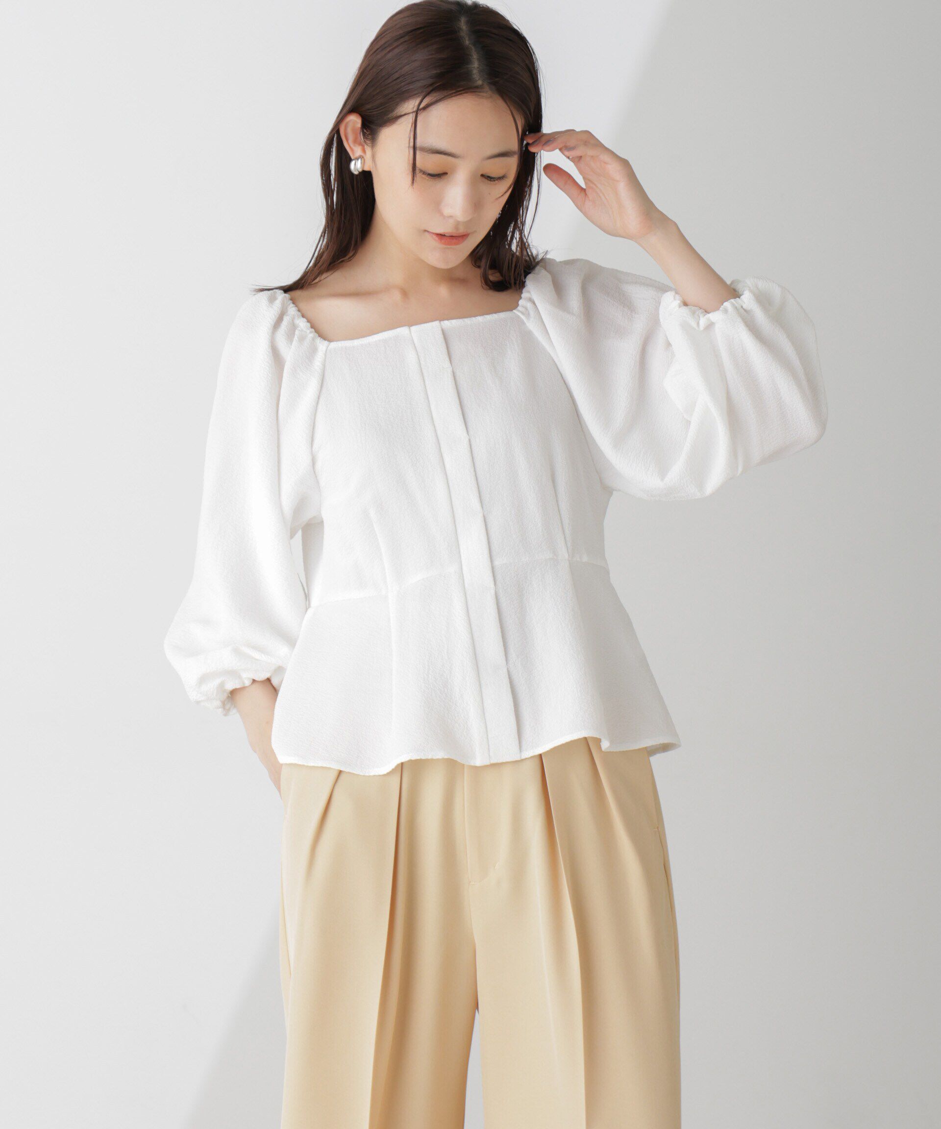 nano･universe「スクエアネックシアーサッカーブラウス」|シャツ・ブラウス|