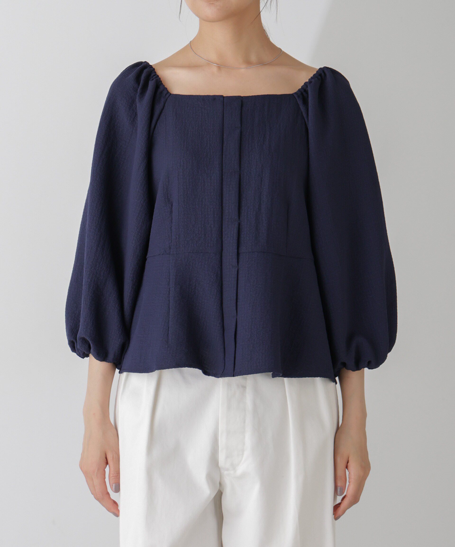 nano･universe「スクエアネックシアーサッカーブラウス」|シャツ・ブラウス|