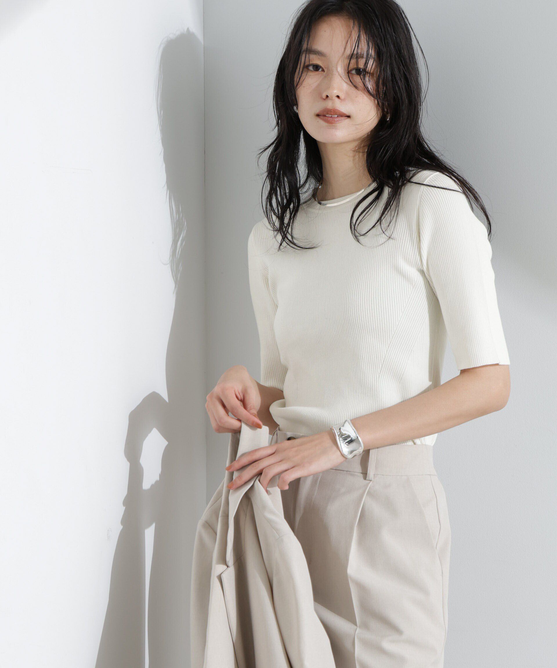 nano･universe「ウォッシャブルハイツイスト五分袖リブニット」|ニット・セーター|