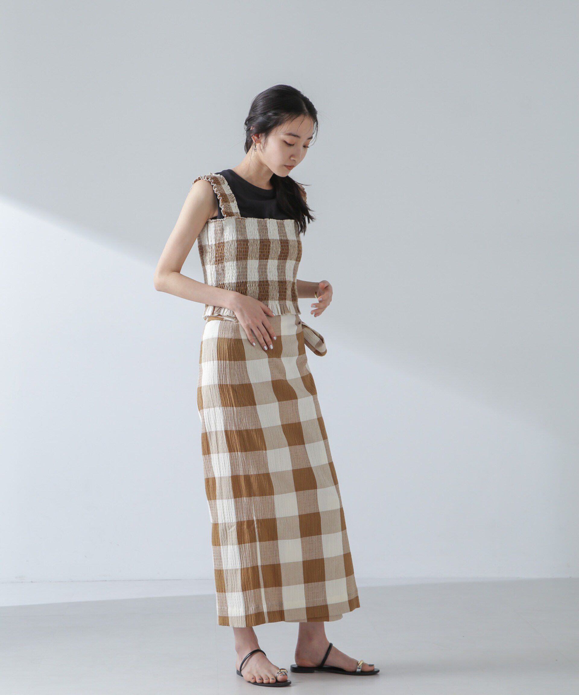 nano･universe「RITA ROW/Checkered smocked body top」|ダウンベスト・ベスト|