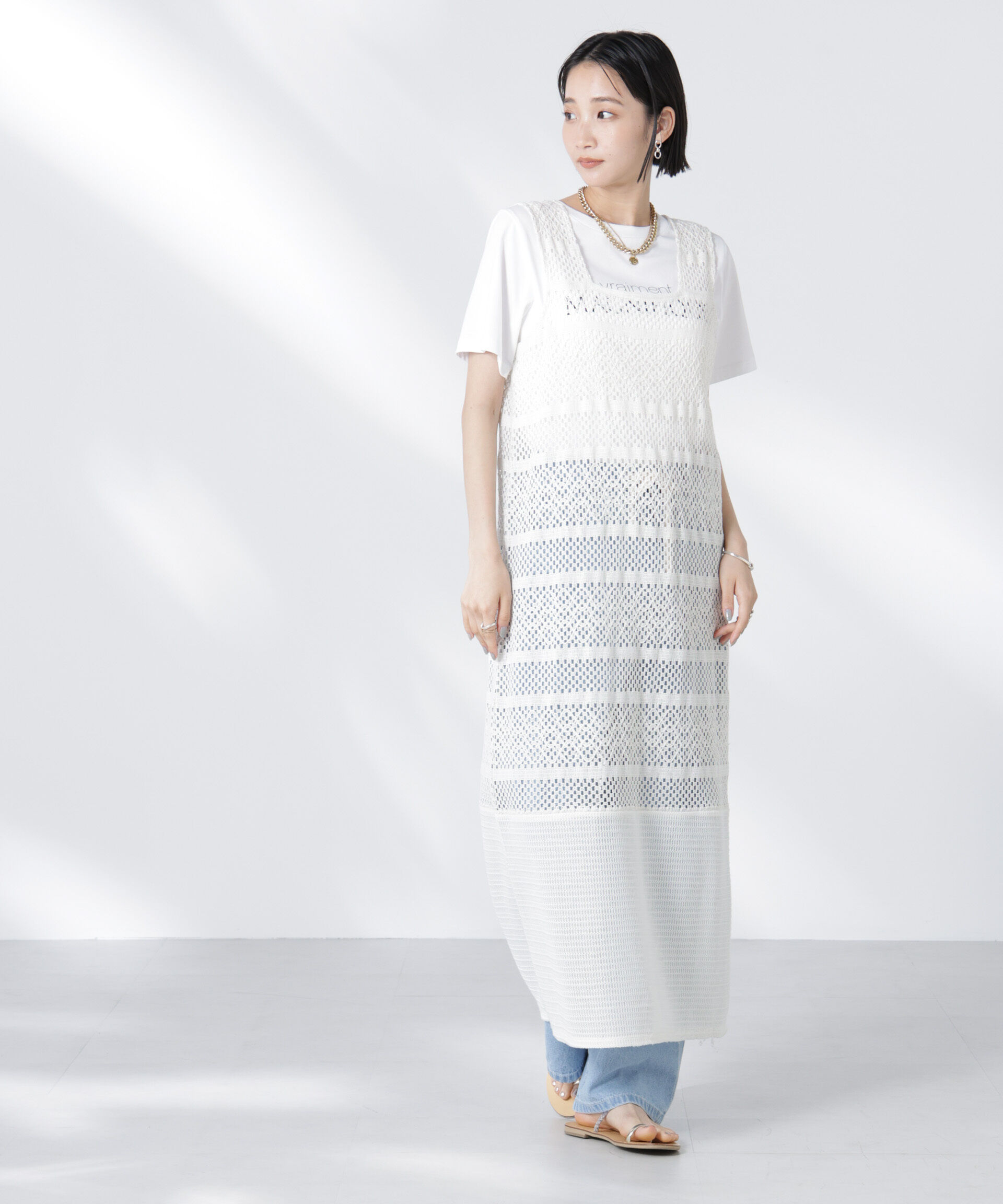 nano･universe「クロシェニット風レースノースリーブワンピース」|ワンピース|