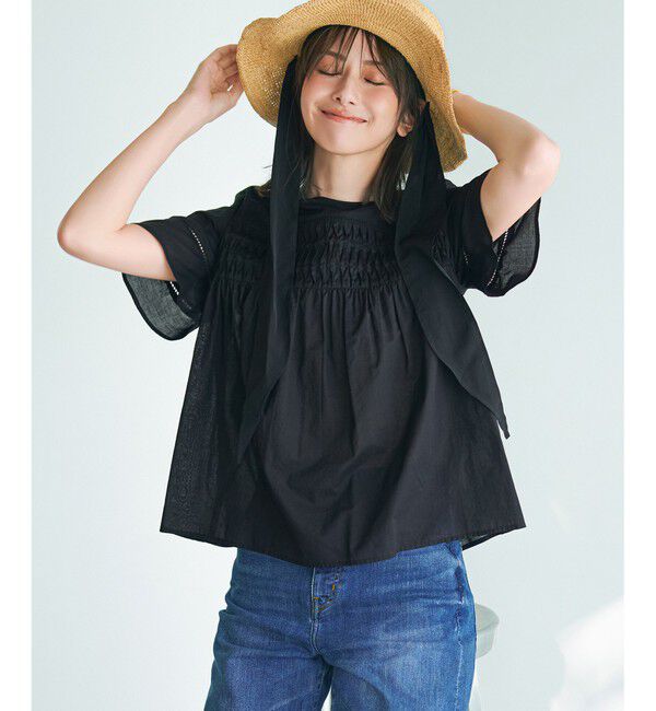 23区「【WEB&一部店舗限定】コットンローン ピンタック フレア ブラウス」|シャツ・ブラウス|ブラック系