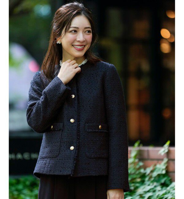 ANY SIS「ノーカラーフリンジツイード ジャケット」|ノーカラージャケット|