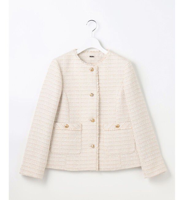 ANY SIS「ノーカラーフリンジツイード ジャケット」|ノーカラージャケット|