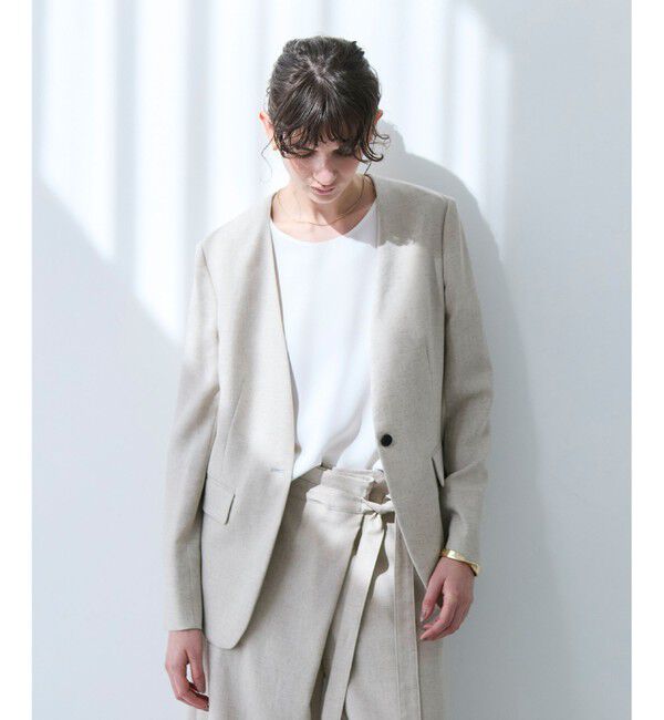 BEIGE,「【洗える】CAROLE / リネンライクノーカラーハーフ丈ジャケット」|ノーカラージャケット|