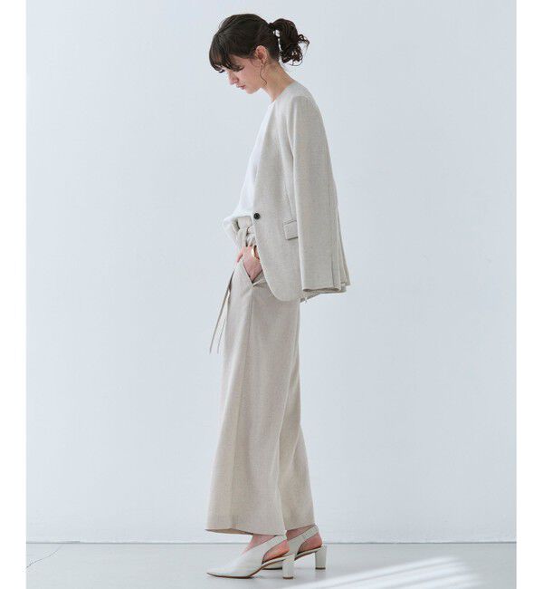BEIGE,「【洗える】CAROLE / リネンライクノーカラーハーフ丈ジャケット」|ノーカラージャケット|