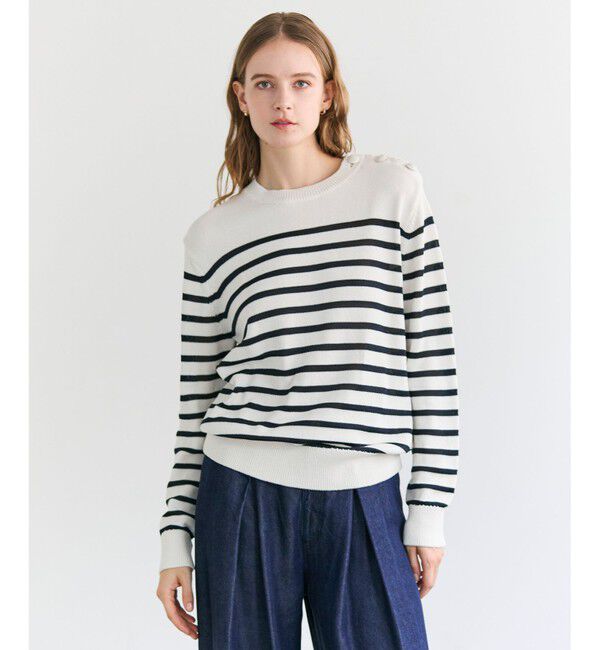 BEIGE,「HELIODOR / レーヨンボーダーマリンボタンニット」|ニット・セーター|Ecru &times; Navy