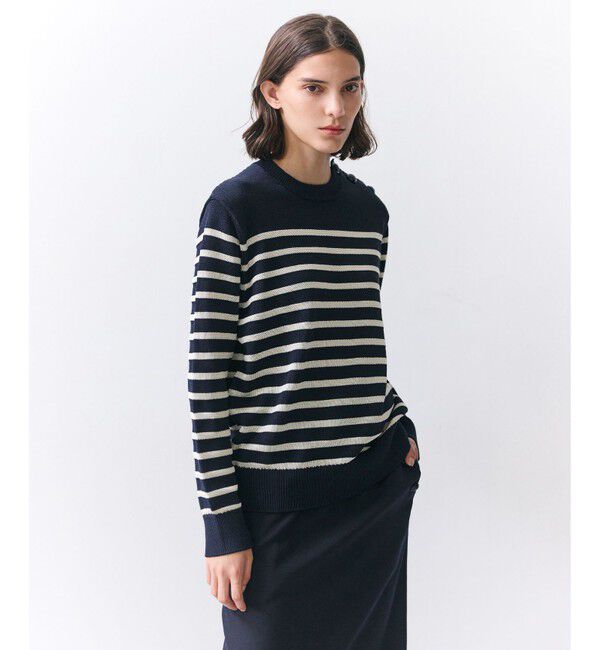BEIGE,「HELIODOR / レーヨンボーダーマリンボタンニット」|ニット・セーター|Navy &times; Ecru