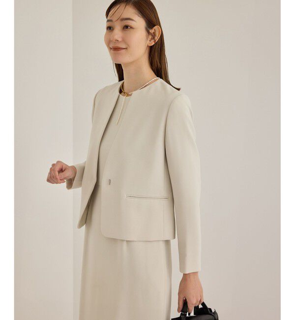 ROPE「トリアセダブルクロスクルーネックジャケット【セレモニー/通勤対応】」|ノーカラージャケット|ベージュ(27)