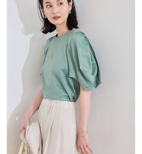 ROPE「【洗える】クリア天竺ボリュームスリーブプルオーバー【お仕事・通勤対応】」|Tシャツ・カットソー|カーキー(36)