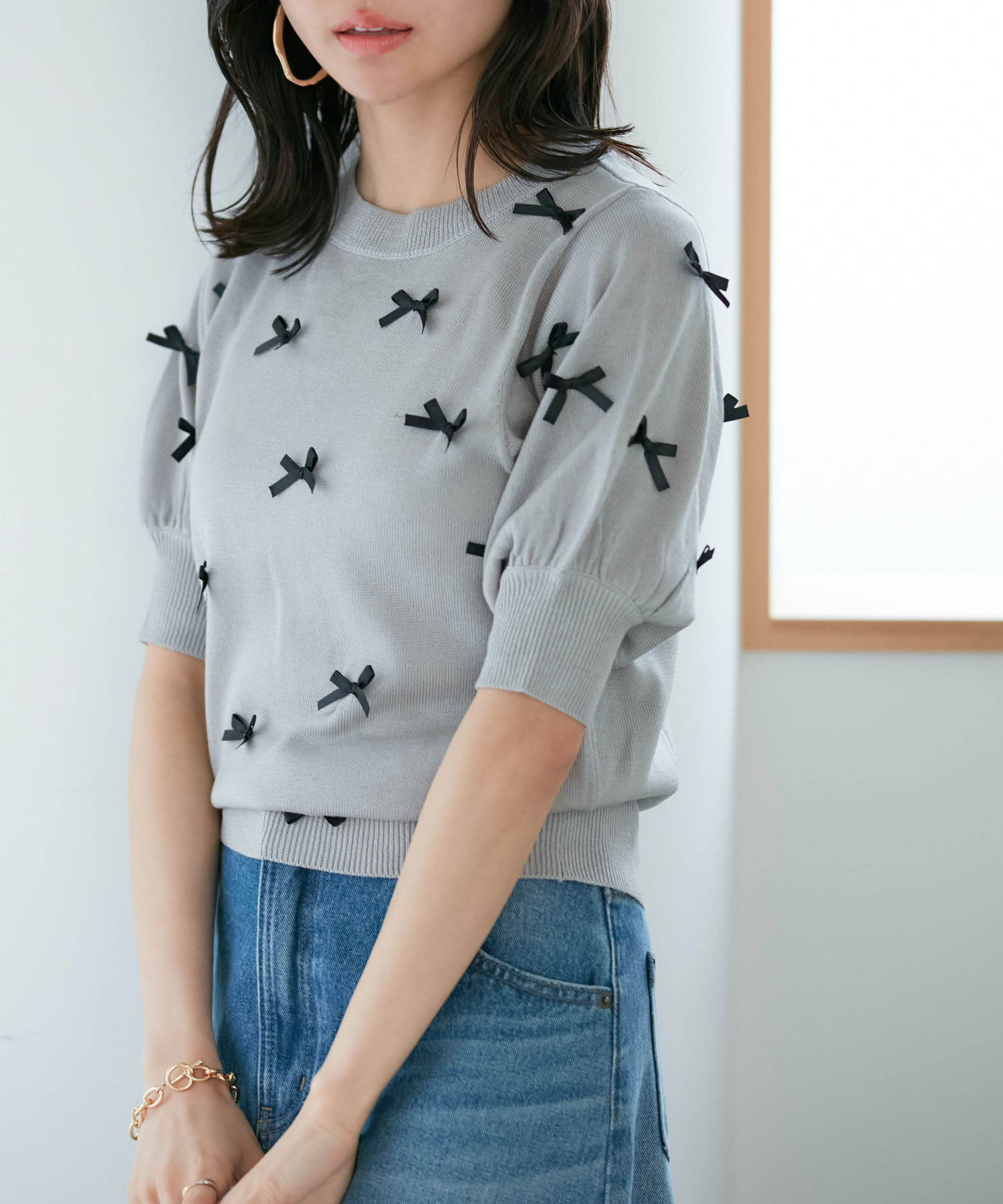 VIS「【WEB限定】リボンハーフスリーブニット」|ニット・セーター|グレー(07)