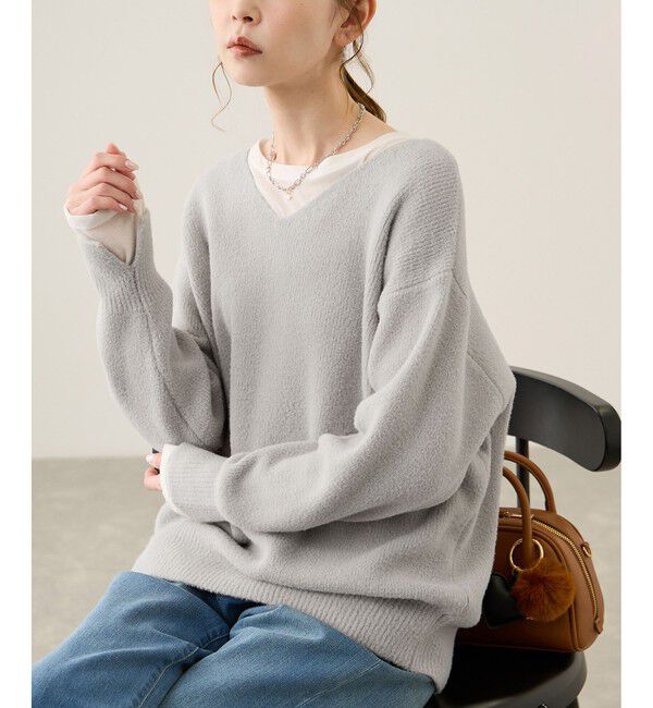 Rope&rsquo;Picnic「【新色追加】スフレニットシリーズ Vネックニットプルオーバー/イージーケア・リンクコーデ」|ニット・セーター|ライトグレー(08)