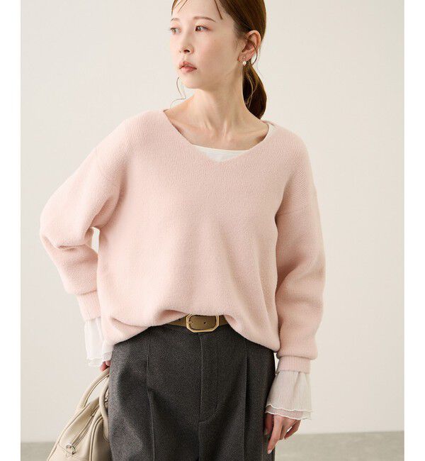 Rope&rsquo;Picnic「【新色追加】スフレニットシリーズ Vネックニットプルオーバー/イージーケア・リンクコーデ」|ニット・セーター|ピンク系(65)