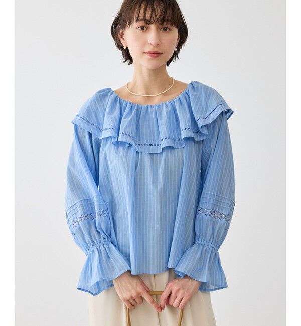 Rope&rsquo;Picnic「お着軽シャツシリーズ コットンボイルレース使いオフショルブラウス/接触冷感・通気性」|シャツ・ブラウス|ブルー系(45)
