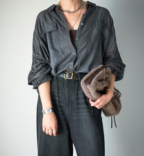  「【セットアップ可/真夏も快適！】ドレーピーデニムシャツ」|シャツ・ブラウス|ブラック