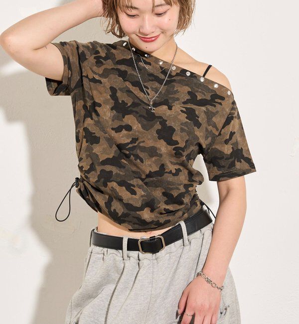  「アソート (カモ柄/ヒョウ柄)/ドット柄)スタッズドロストワンショルTEE」|Tシャツ・カットソー|