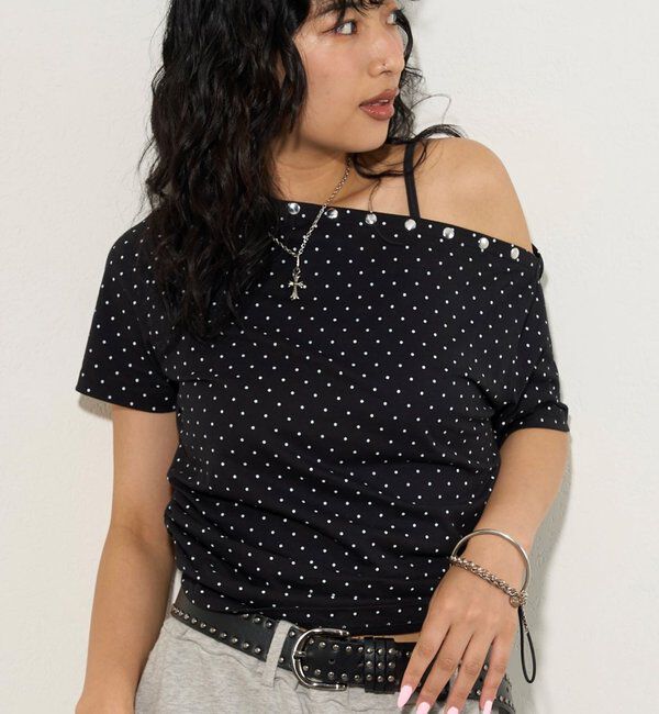  「アソート (カモ柄/ヒョウ柄)/ドット柄)スタッズドロストワンショルTEE」|Tシャツ・カットソー|