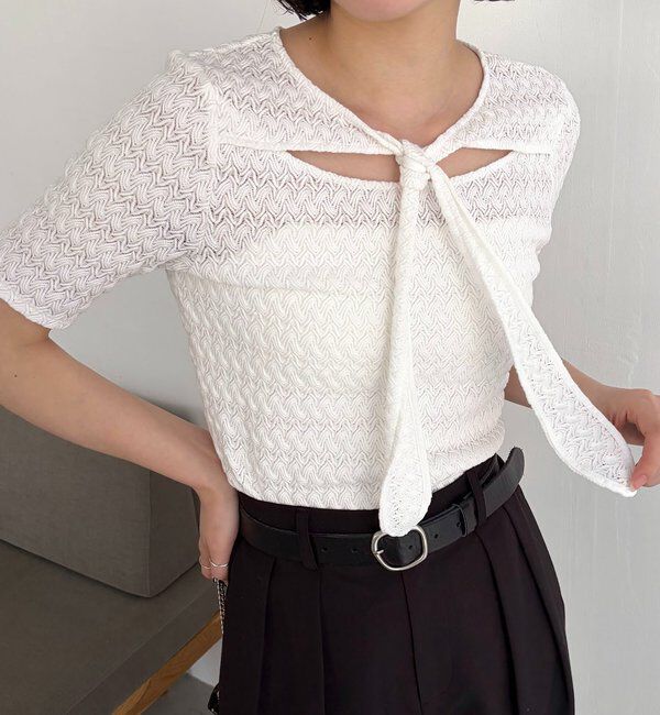  「レースノット5分袖トップス」|Tシャツ・カットソー|