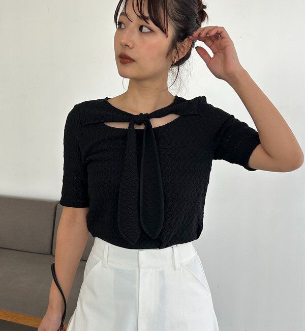  「レースノット5分袖トップス」|Tシャツ・カットソー|ブラック