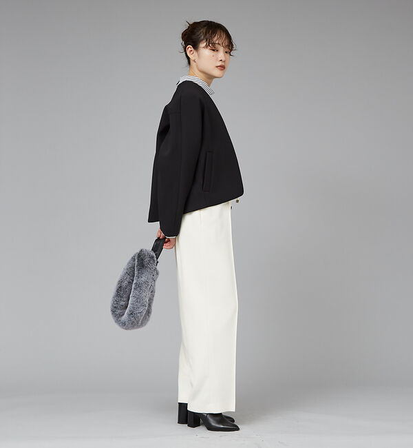 qualite「ボンディングショートコート」|ノーカラーコート|