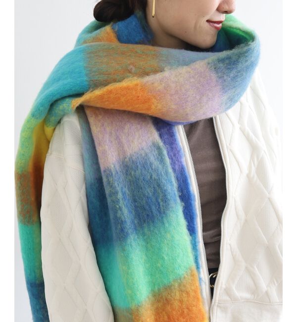 le.coeur blanc「《WEB限定アイテム》ブロックチェックビッグフリンジストール」|ストール|グリーン柄