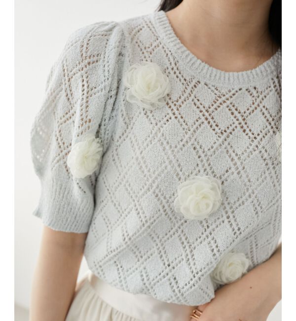 MAJESTICLEGON「ローズモチーフレーシーニット」|ニット・セーター|ブルー