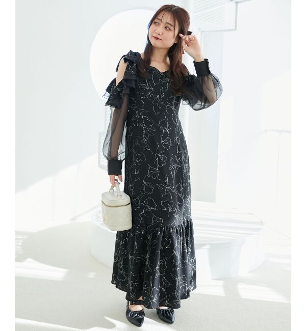 MAJESTICLEGON「フリルリボン肩あきワンピース」|ワンピース|ブラック柄
