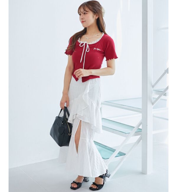  「フロントリボンレイヤード風トップス」|Tシャツ・カットソー|