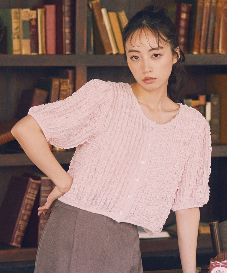 earth music&ecology「ミニフリルカットレースアンサンブル」|カーディガン|Pink
