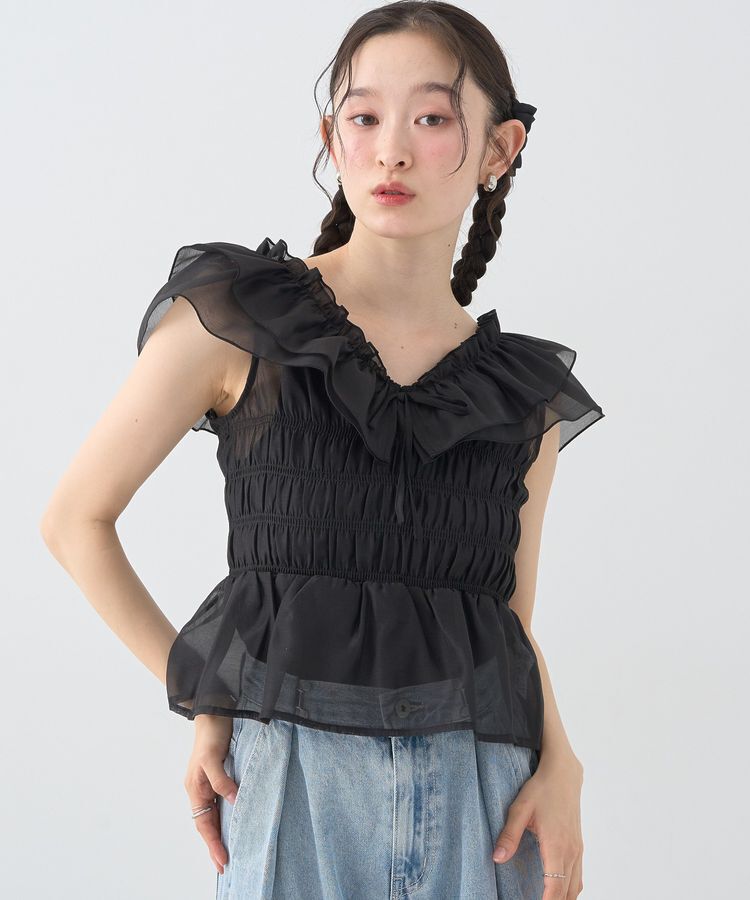 earth music&ecology「ダブルフリルノースリブラウス」|シャツ・ブラウス|Black