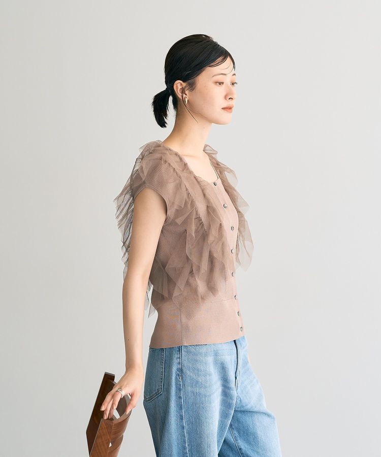 YECCA VECCA「チュールラッフルノースリーブカーディガン」|カーディガン|