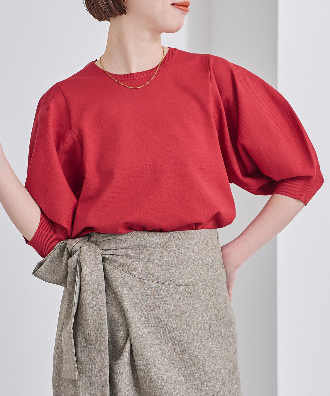 ur's「ｽﾎﾟﾝﾃﾞｨｯｼｭﾊﾟﾌｽﾘｰﾌﾞﾆｯﾄ」|ニット・セーター|レッド