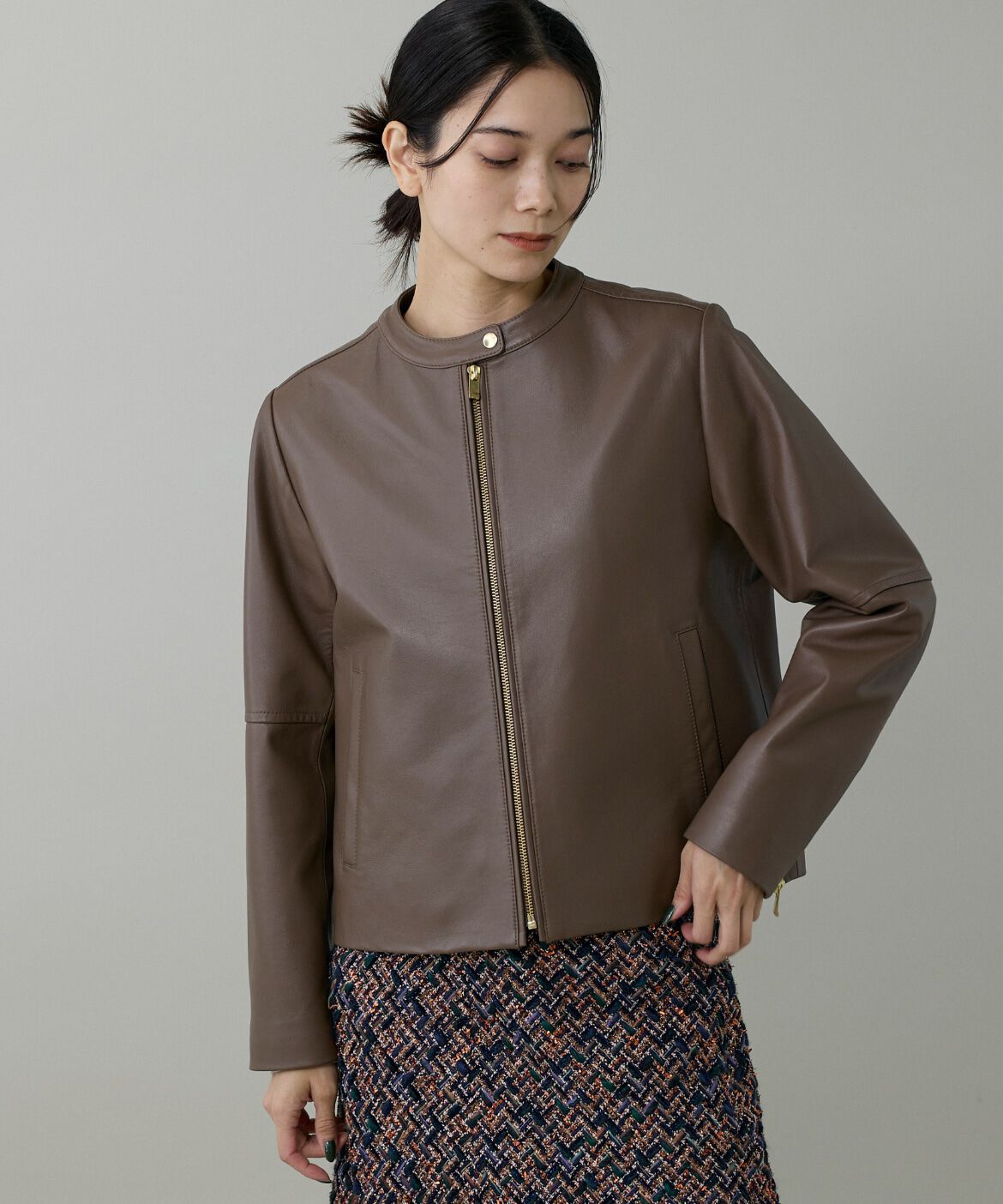 INED「《大きいサイズ》ラムレザー ジップアップブルゾン」|ライダースジャケット|