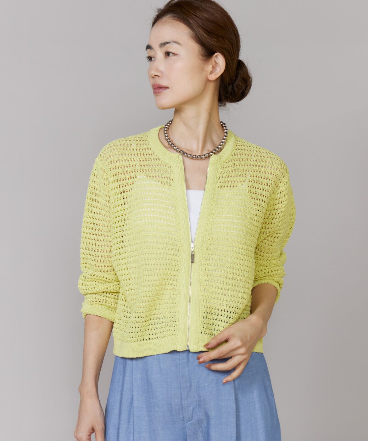 Le Souk「透かし柄ニットブルゾン」|カーディガン|イエロー