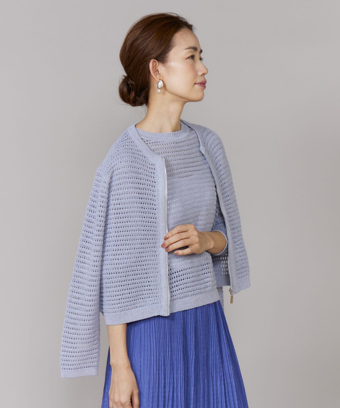 Le Souk「《大きいサイズ》透かし柄ニットブルゾン」|カーディガン|