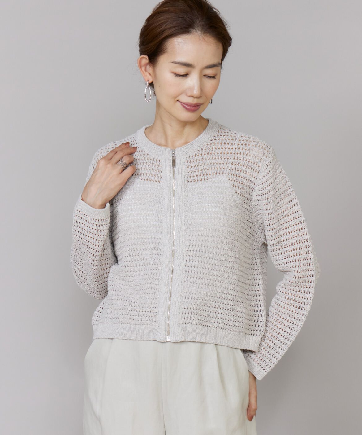 Le Souk「《大きいサイズ》透かし柄ニットブルゾン」|カーディガン|