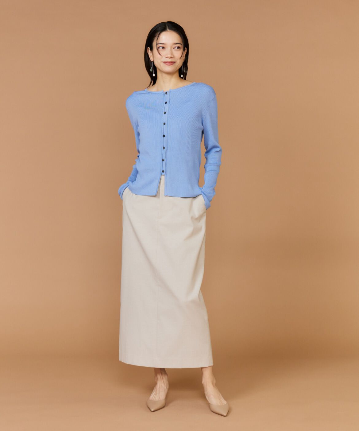 INED「シルクコットンクルーネックリブカーディガン」|カーディガン|