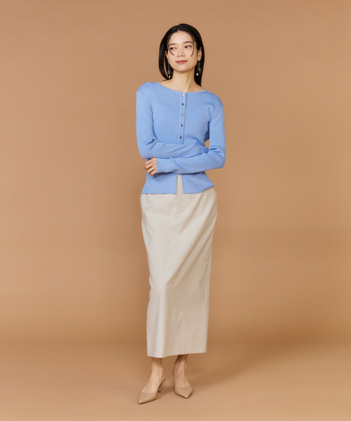 INED「シルクコットンクルーネックリブカーディガン」|カーディガン|