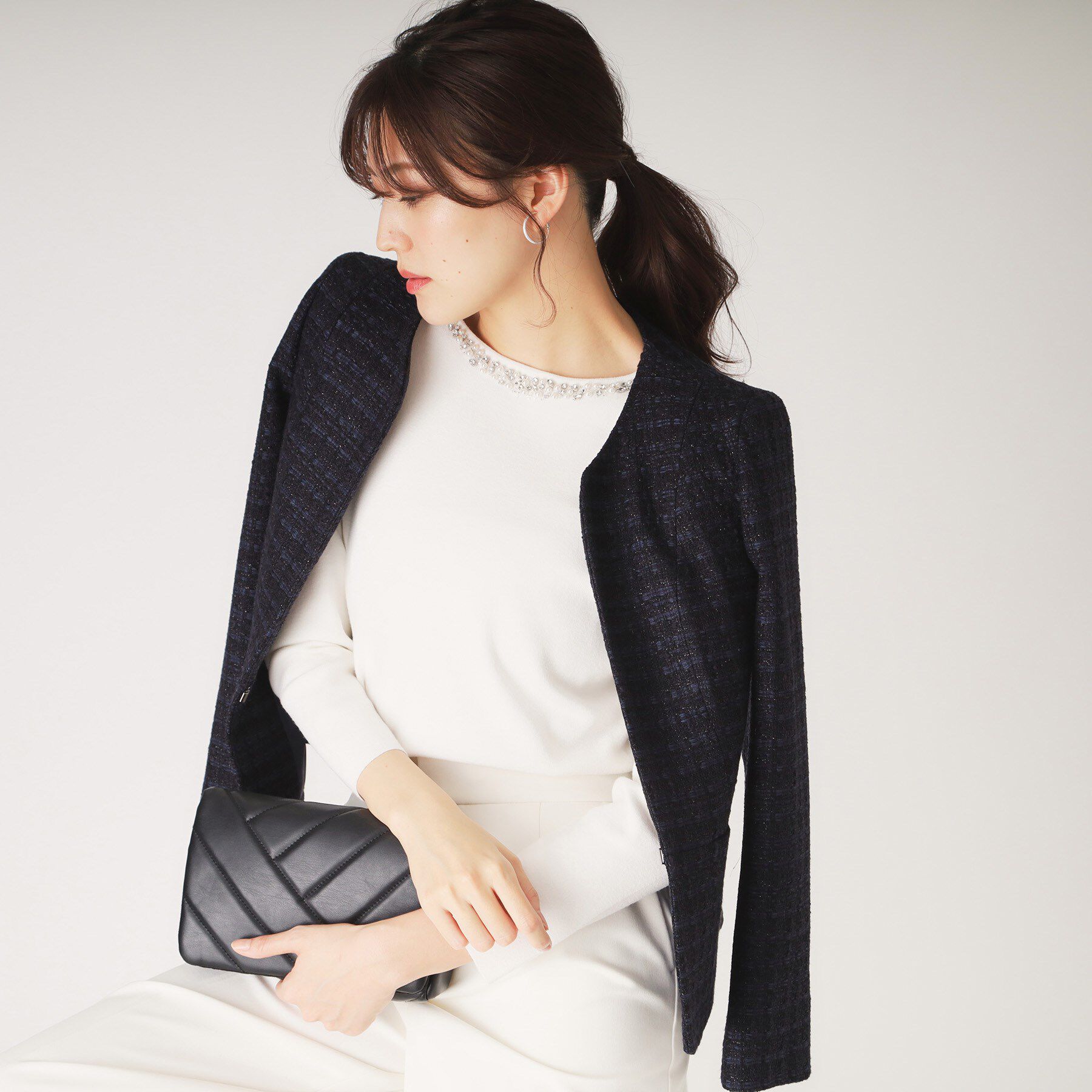 COUP DE CHANCE「【日本製】ファンシーツィードジャケット」|ノーカラージャケット|ネイビー(494)