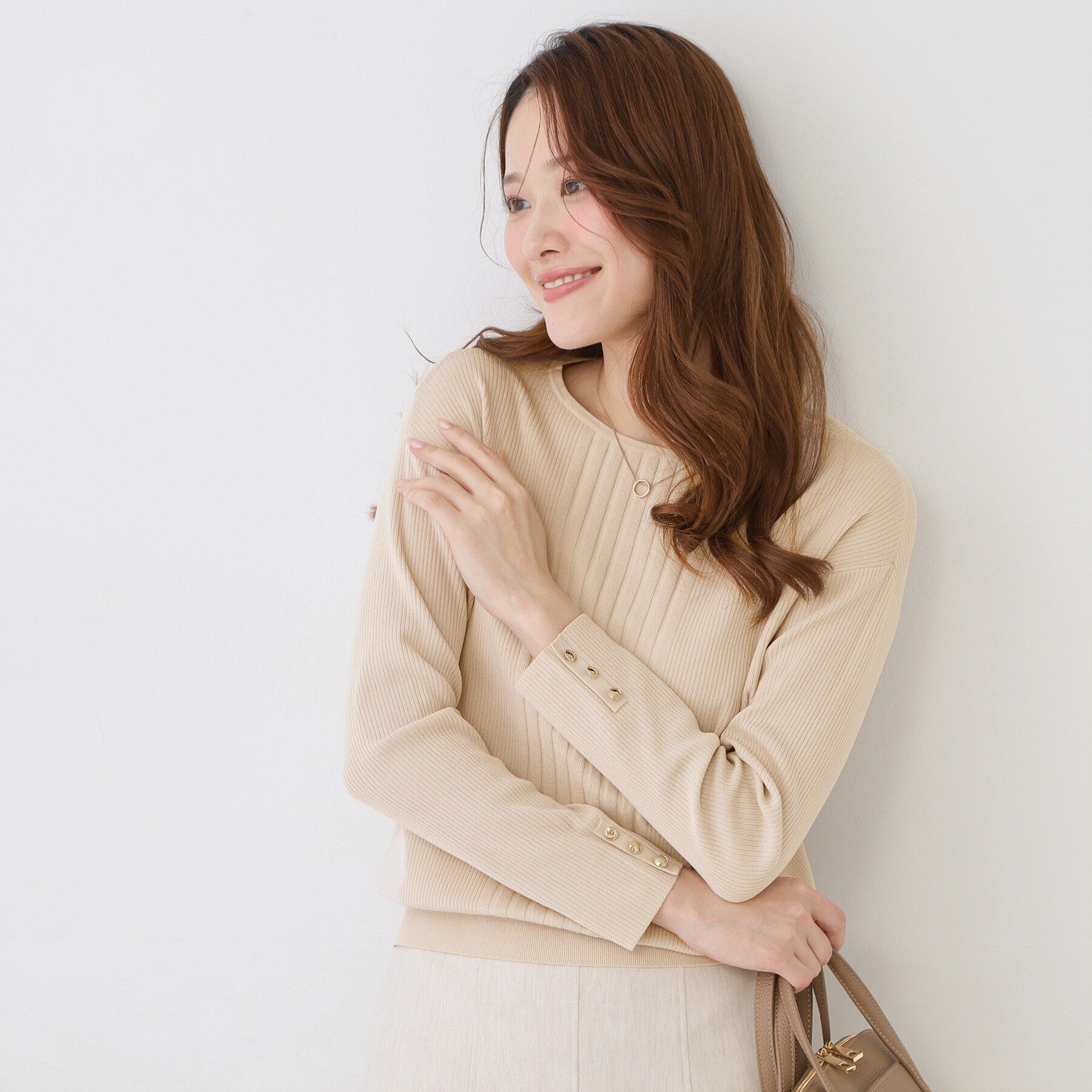 COUP DE CHANCE「【手洗い可／9分袖丈】リブ風ライン ニットトップス」|ニット・セーター|ライトベージュ(05