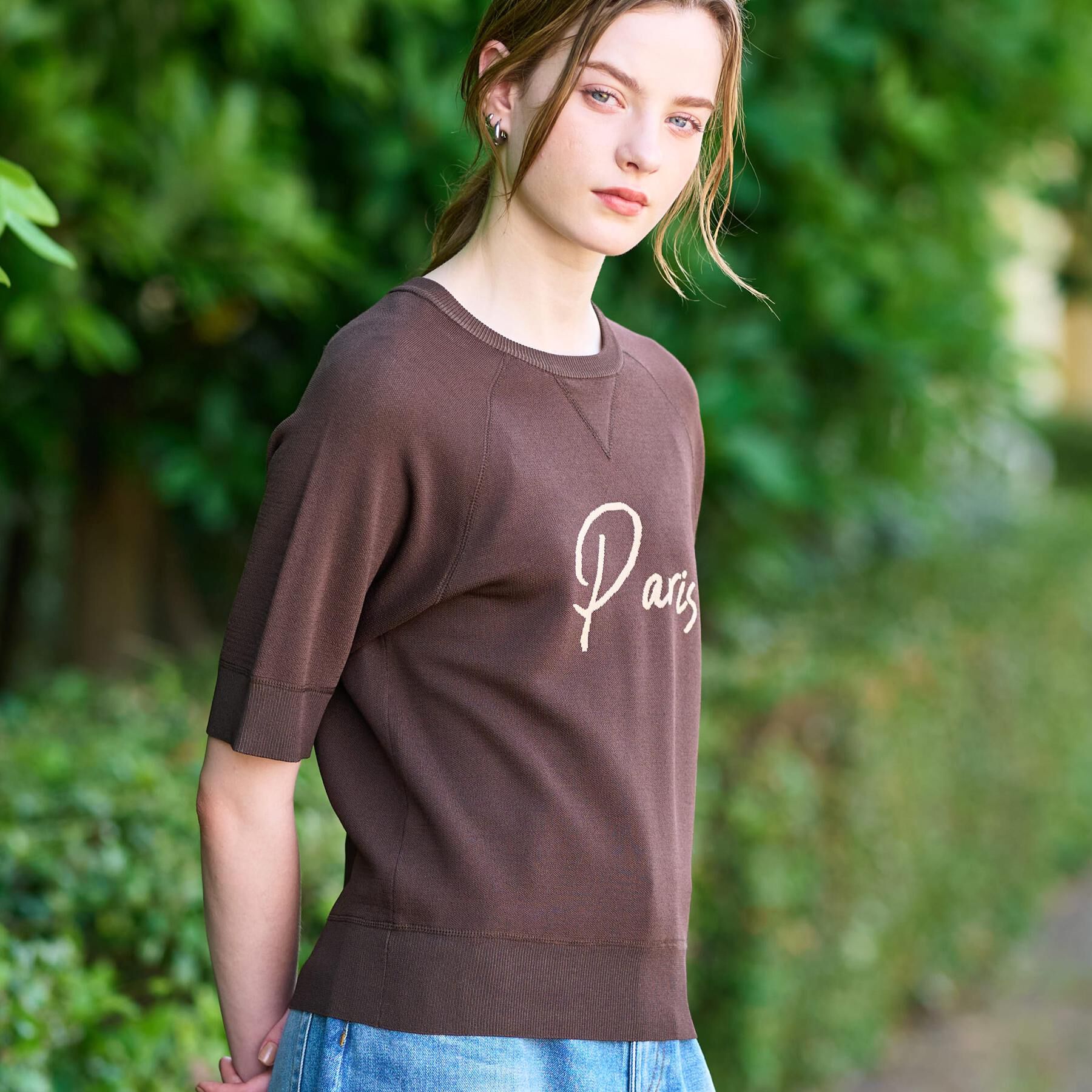 DRESSTERIOR「【洗える/オリジナルロゴ】Parisハーフスリーブジャカードニット」|ニット・セーター|