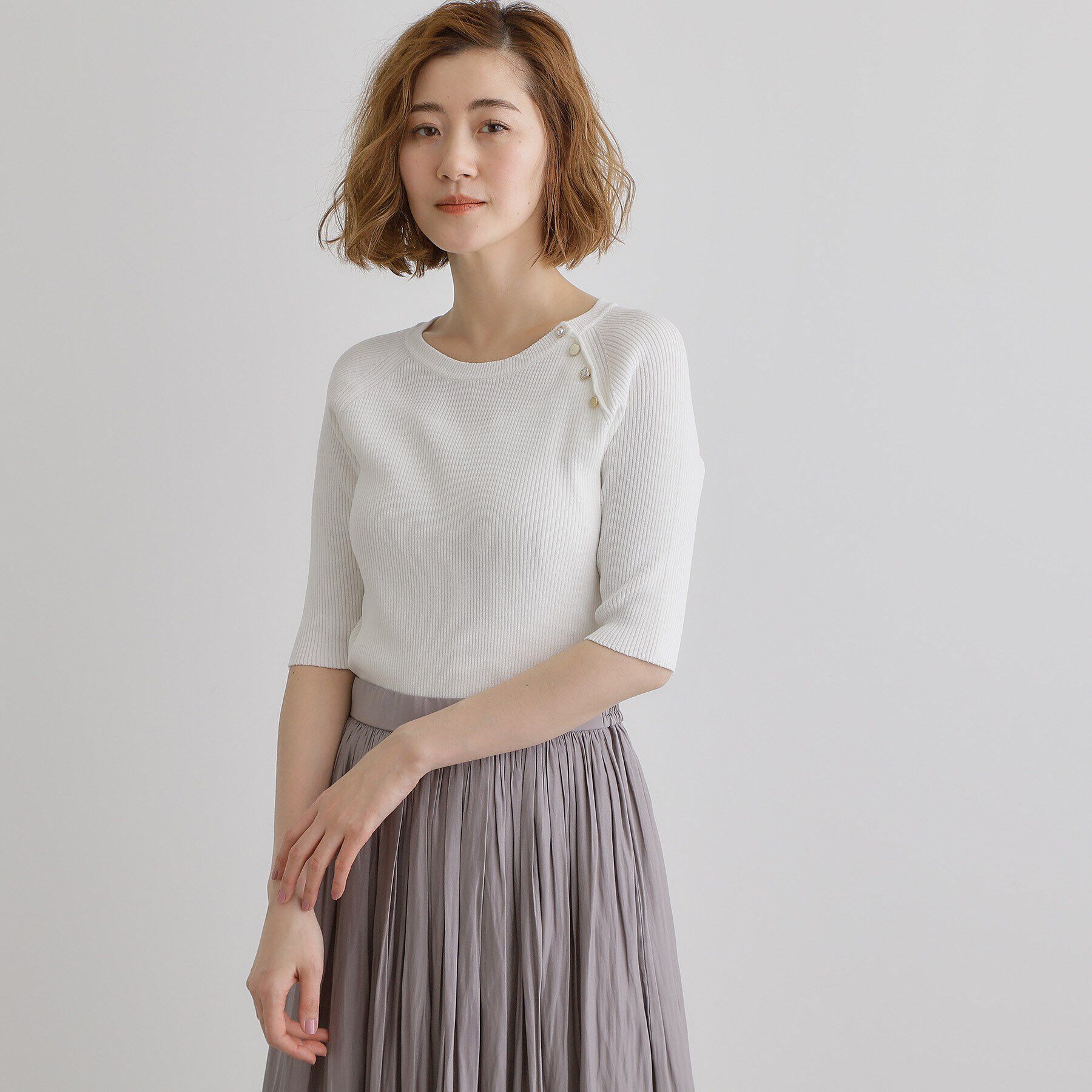 grove「【雑誌掲載】多釦ラグランリブ5分袖プルオーバー」|ニット・セーター|